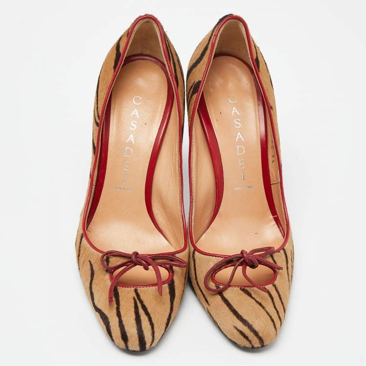 Pre Owned Casadei Brown/Red Zebra Print Calfhair Pointed Toe Pumps Size 34
