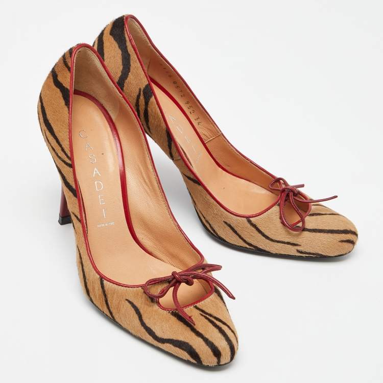 Pre Owned Casadei Brown/Red Zebra Print Calfhair Pointed Toe Pumps Size 34