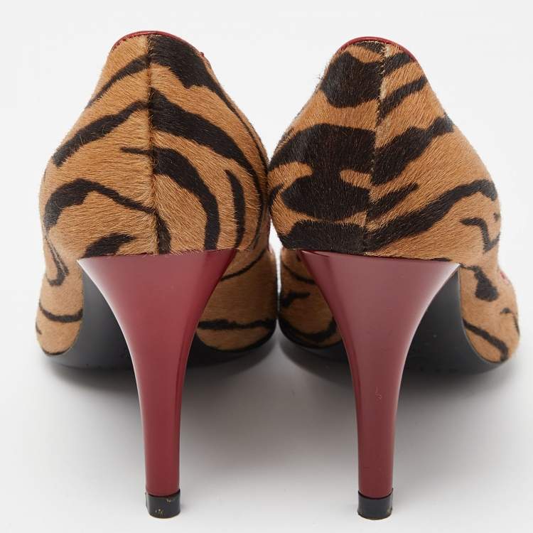 Pre Owned Casadei Brown/Red Zebra Print Calfhair Pointed Toe Pumps Size 34