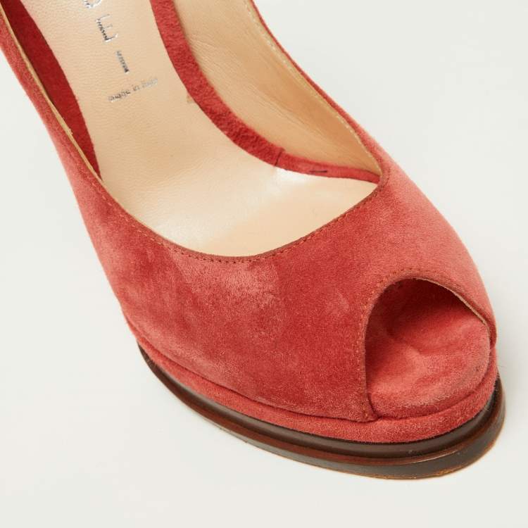 Pre Owned Casadei Brick Brown Suede Daisy Peep Toe Platform Pumps Size 35