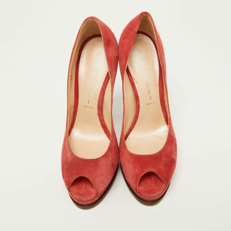 Pre Owned Casadei Brick Brown Suede Daisy Peep Toe Platform Pumps Size 35