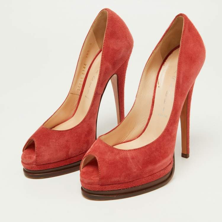 Pre Owned Casadei Brick Brown Suede Daisy Peep Toe Platform Pumps Size 35