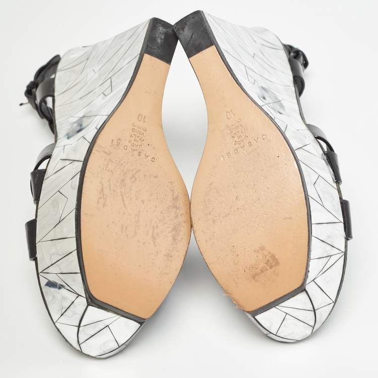 Pre Owned Casadei Black/Silver Patent Leather Mirrored Crack Wedge Sandals Size 40