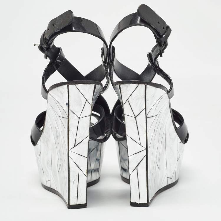 Pre Owned Casadei Black/Silver Patent Leather Mirrored Crack Wedge Sandals Size 40