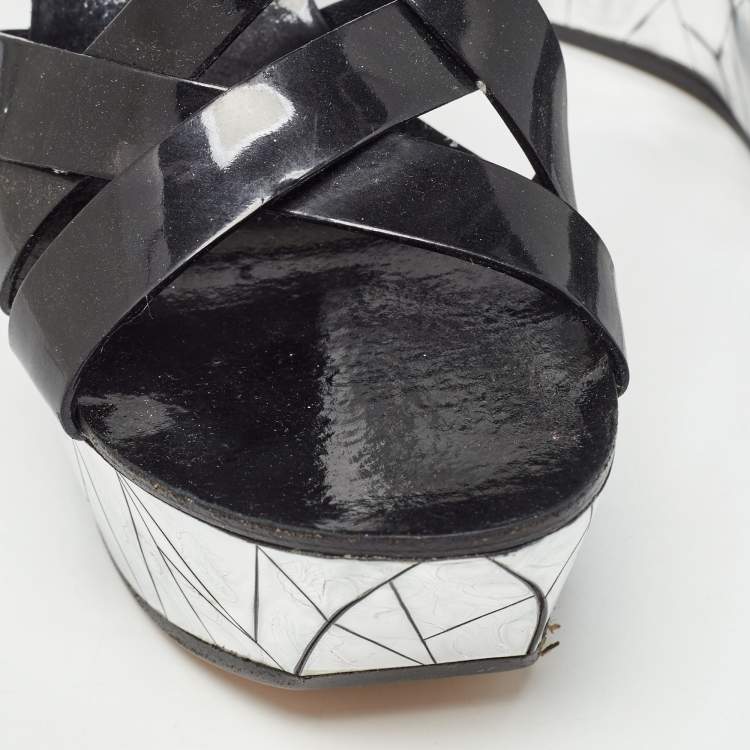 Pre Owned Casadei Black/Silver Patent Leather Mirrored Crack Wedge Sandals Size 40