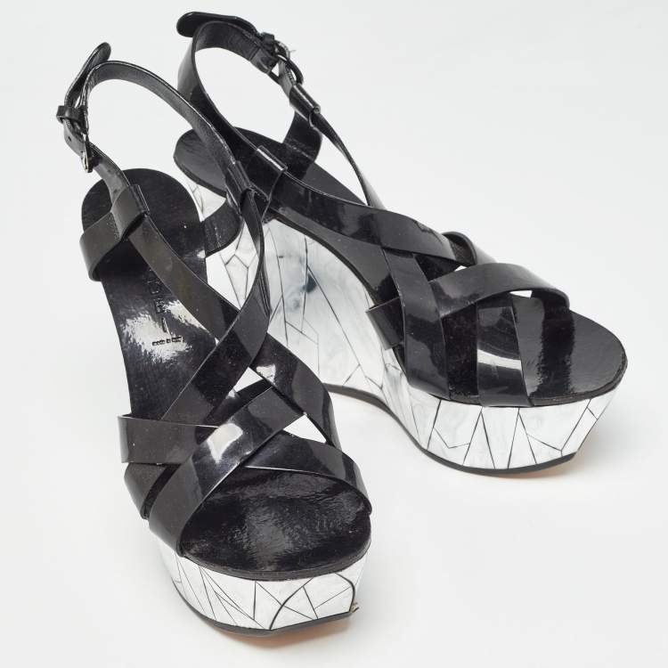 Pre Owned Casadei Black/Silver Patent Leather Mirrored Crack Wedge Sandals Size 40