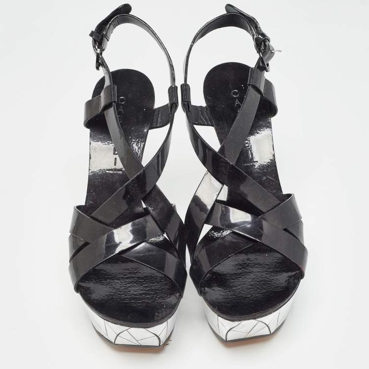 Pre Owned Casadei Black/Silver Patent Leather Mirrored Crack Wedge Sandals Size 40