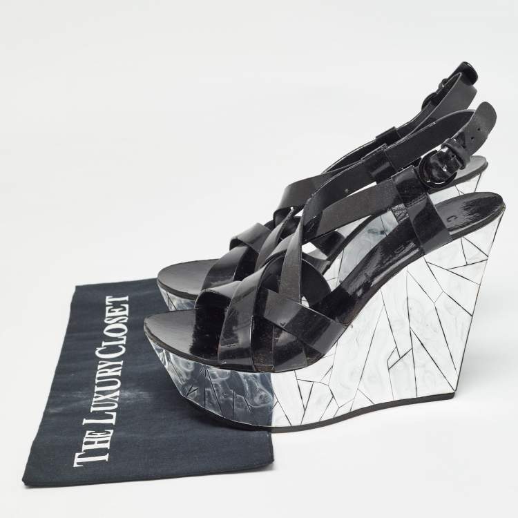Pre Owned Casadei Black/Silver Patent Leather Mirrored Crack Wedge Sandals Size 40