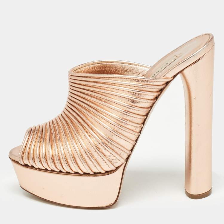 Pre Owned Casadei Rose Gold Textured Leather Slide Sandals Size 35