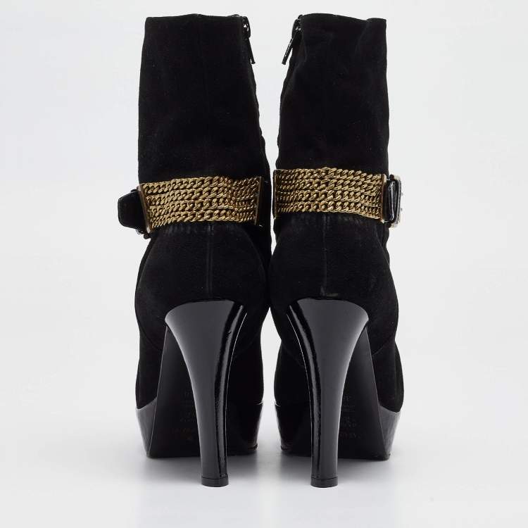 Pre Owned Casadei Black Suede Buckle Chain Embellished Platform Ankle Boots Size 38