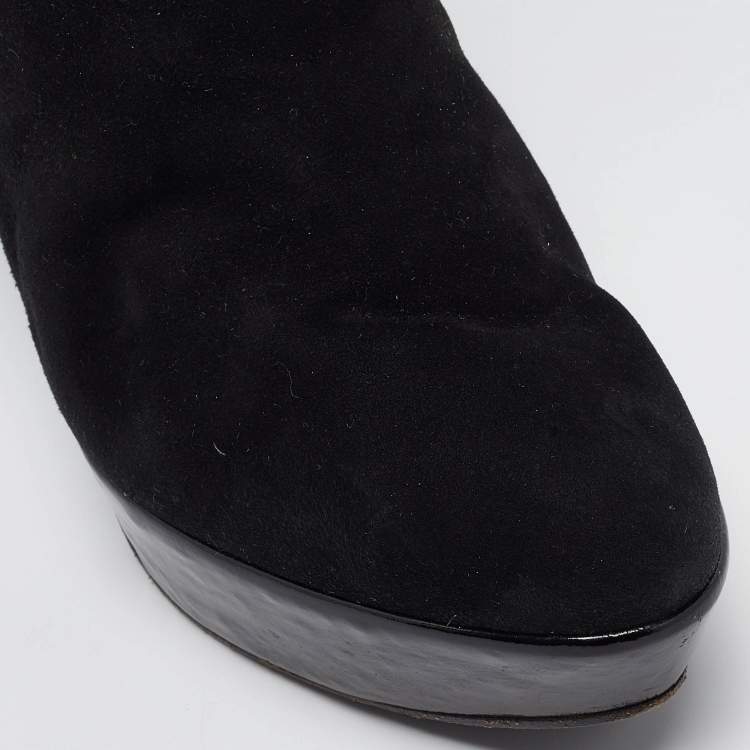 Pre Owned Casadei Black Suede Buckle Chain Embellished Platform Ankle Boots Size 38