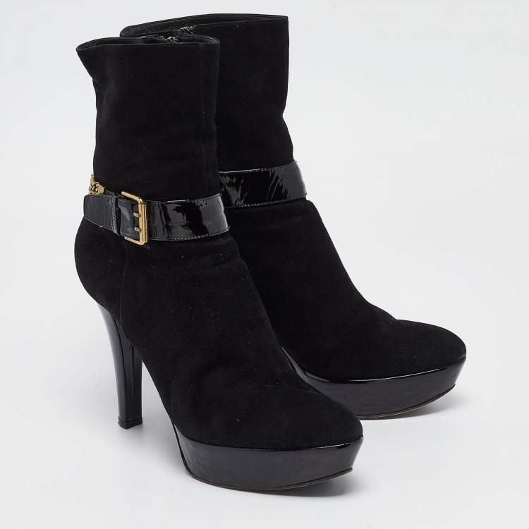 Pre Owned Casadei Black Suede Buckle Chain Embellished Platform Ankle Boots Size 38