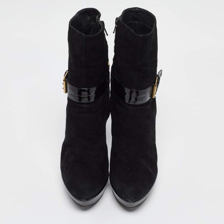 Pre Owned Casadei Black Suede Buckle Chain Embellished Platform Ankle Boots Size 38