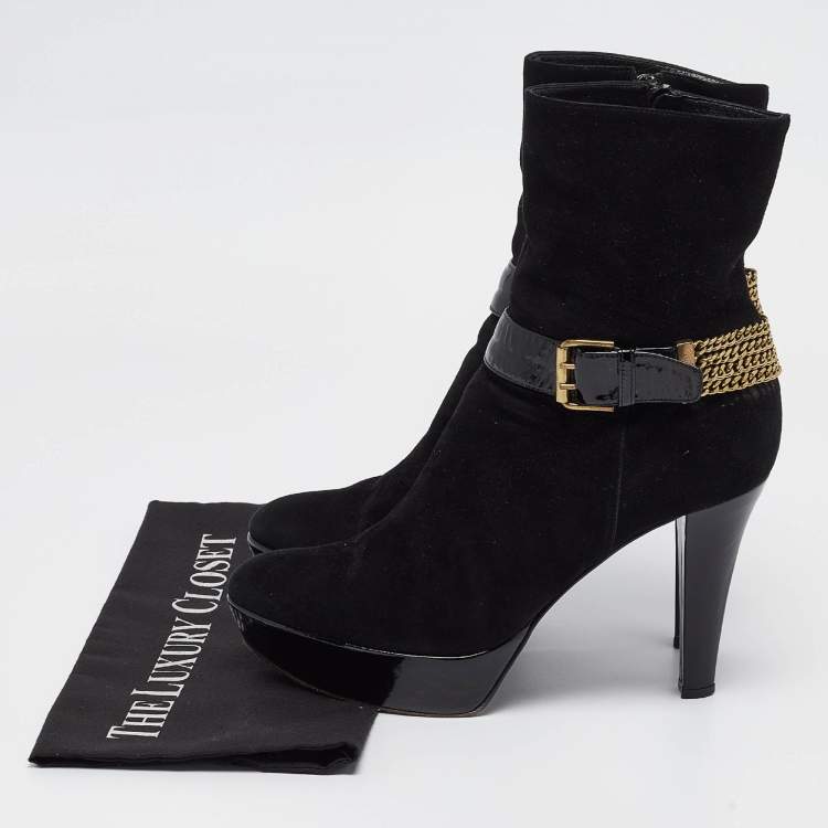 Pre Owned Casadei Black Suede Buckle Chain Embellished Platform Ankle Boots Size 38