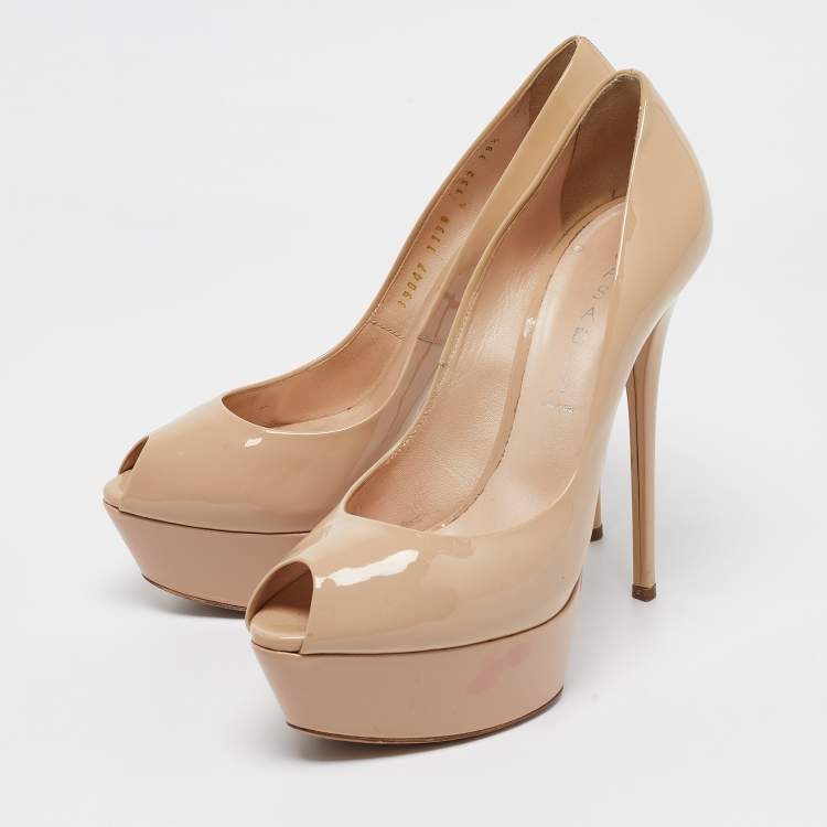 Pre Owned Casadei Beige Patent Leather Platform Peep Toe Pumps Size 39.5