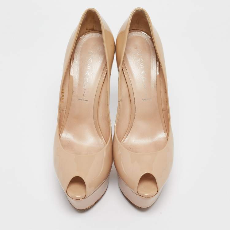 Pre Owned Casadei Beige Patent Leather Platform Peep Toe Pumps Size 39.5