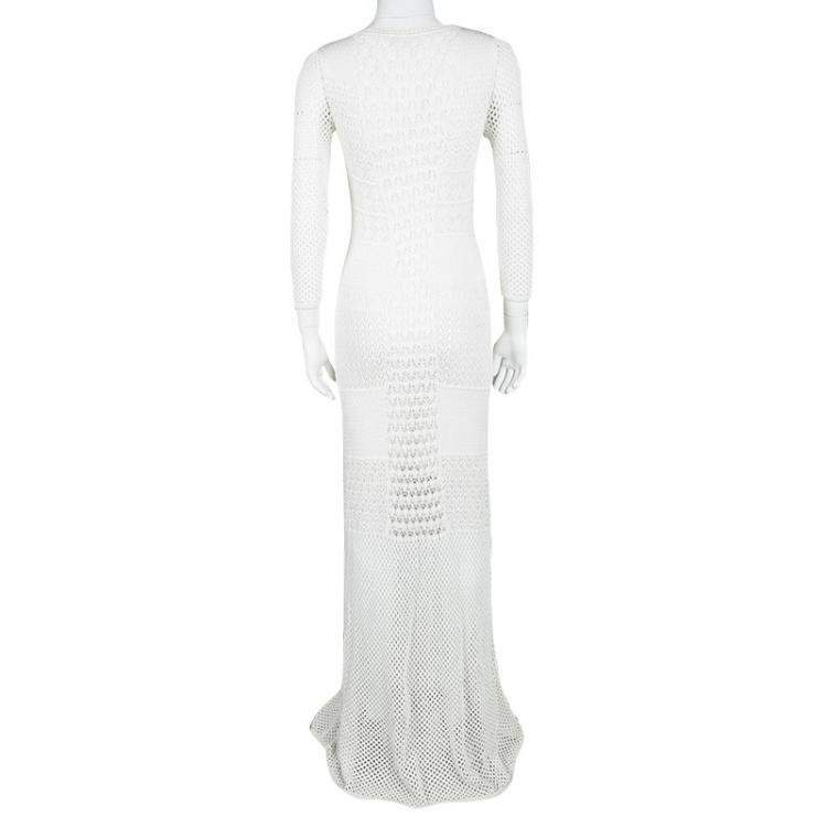 Pre Owned Catherine Malandrino Off White Crochet Knit Fitted Maxi Dress P / XS