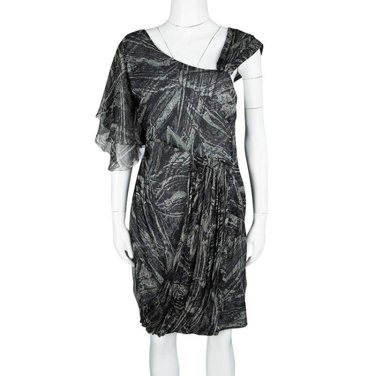 Pre Owned Catherine Malandrino Multicolor Printed Ruffle Detail Draped Dress S