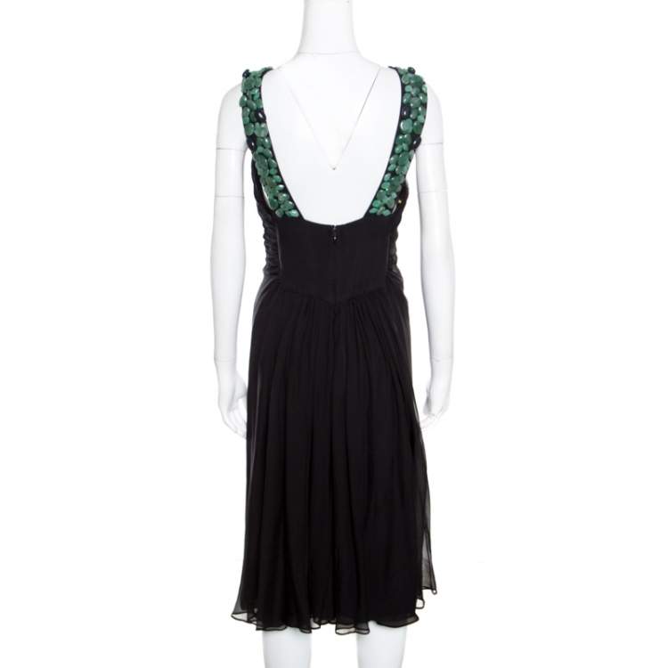 Pre Owned Malandrino Black Silk Plisse Bodice Detail Embellished Sleeveless A Line Dress M