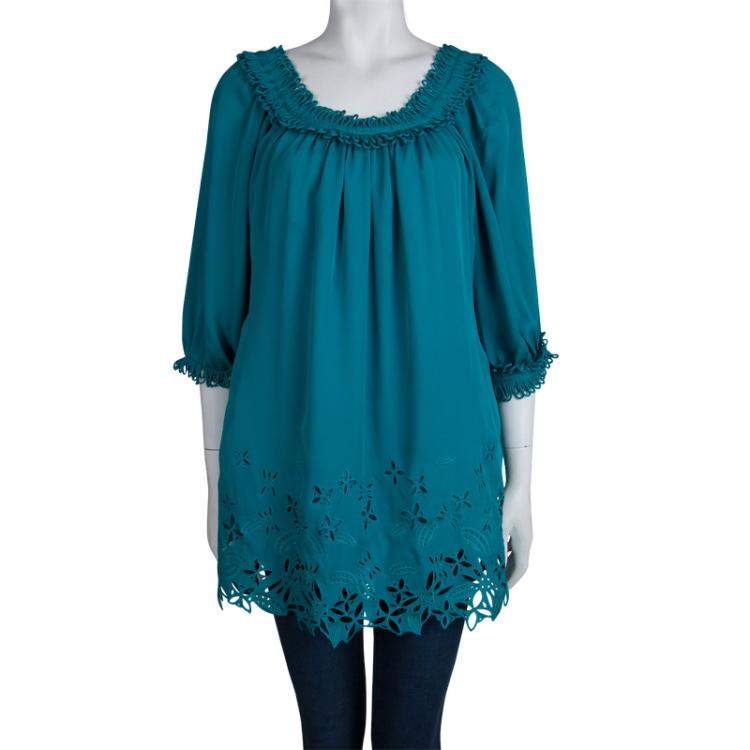 Pre Owned Catherine Malandrino Jade Green Cut Work Detailed Silk Blouse S