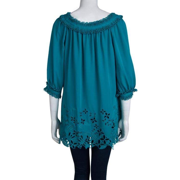 Pre Owned Catherine Malandrino Jade Green Cut Work Detailed Silk Blouse S