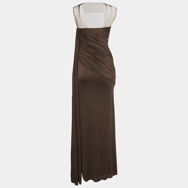 Pre Owned C.Dam Brown Jersey and Tulle Metallic Cup Disa Dress S