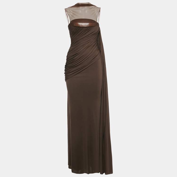 Pre Owned C.Dam Brown Jersey and Tulle Metallic Cup Disa Dress S
