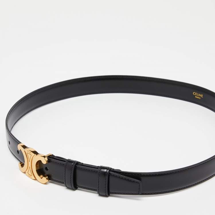 Pre Owned Celine Black Leather Triomphe Buckle Belt 80CM