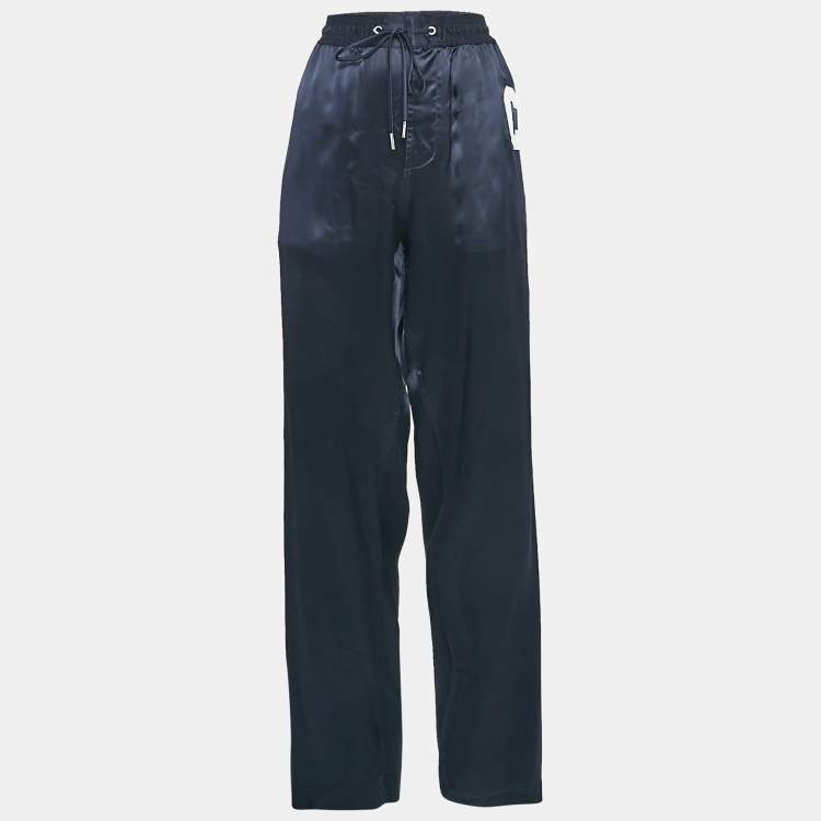 Pre Owned Celine Navy Blue Satin Applique Detail Track Pants M