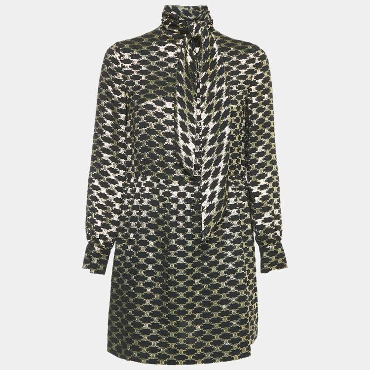 Pre Owned Celine Black Macadam Pattern Lurex Brocade Mini Dress S