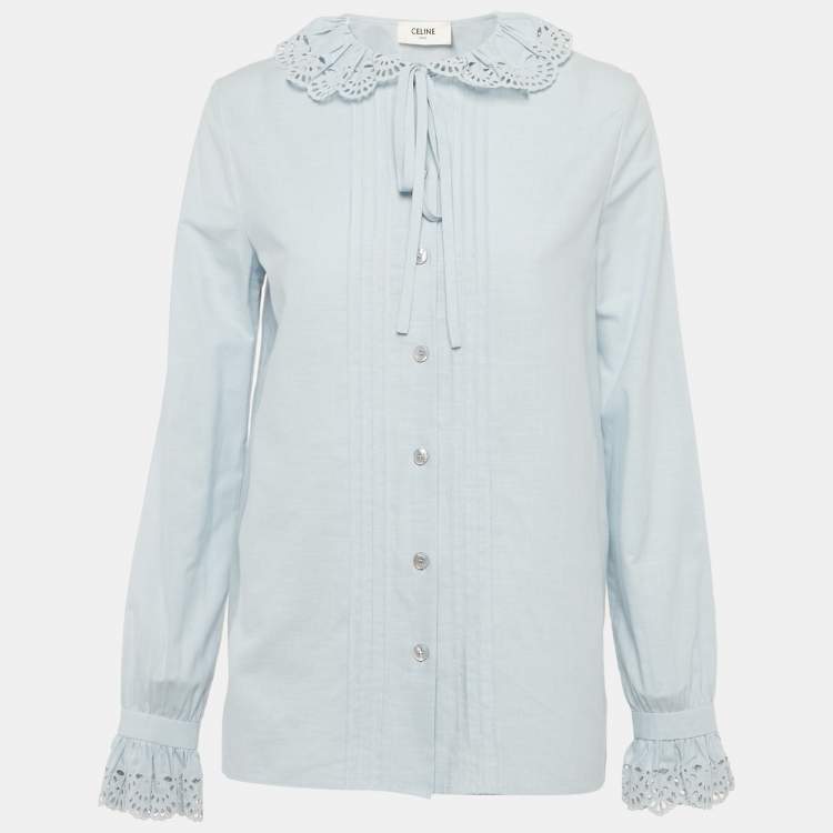 Pre Owned Celine Blue Embroidered Collar Cotton Blouse S
