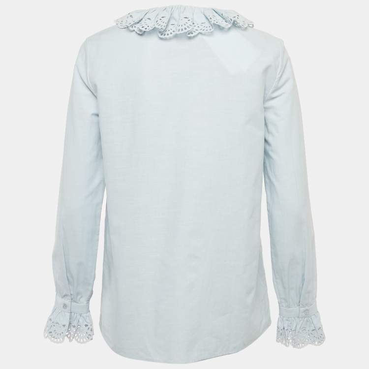 Pre Owned Celine Blue Embroidered Collar Cotton Blouse S