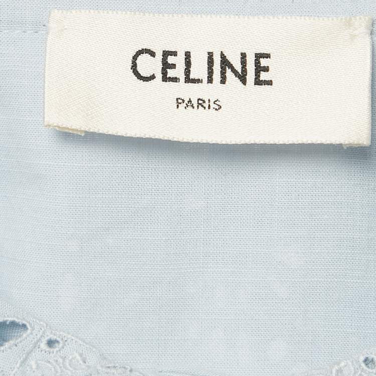 Pre Owned Celine Blue Embroidered Collar Cotton Blouse S