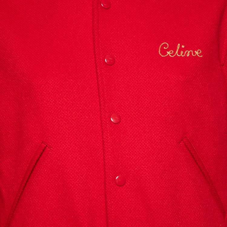 Pre Owned Celine Red Wool Logo Embroidered Button Front Teddy Jacket M