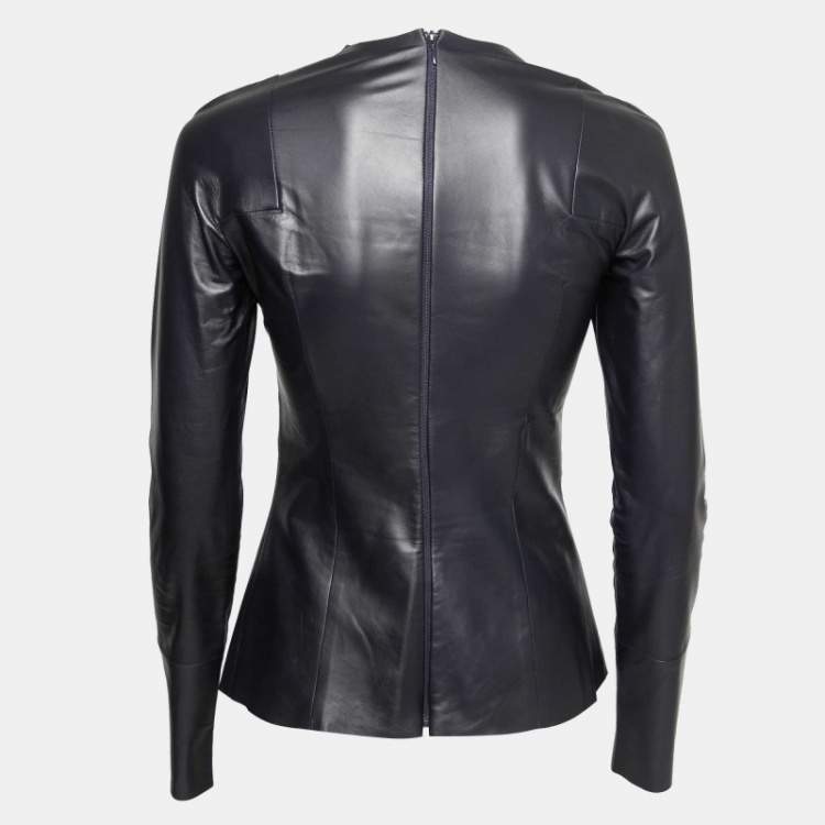 Pre Owned Celine Black Lambskin Leather Long Sleeve Peplum Top S