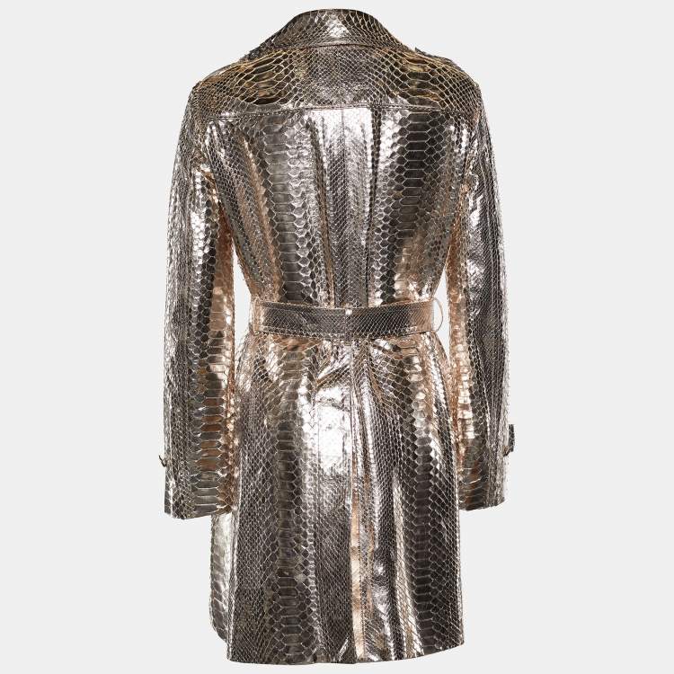 Pre Owned Celine Metallic Rose Gold Python Belted Knee Length Coat L