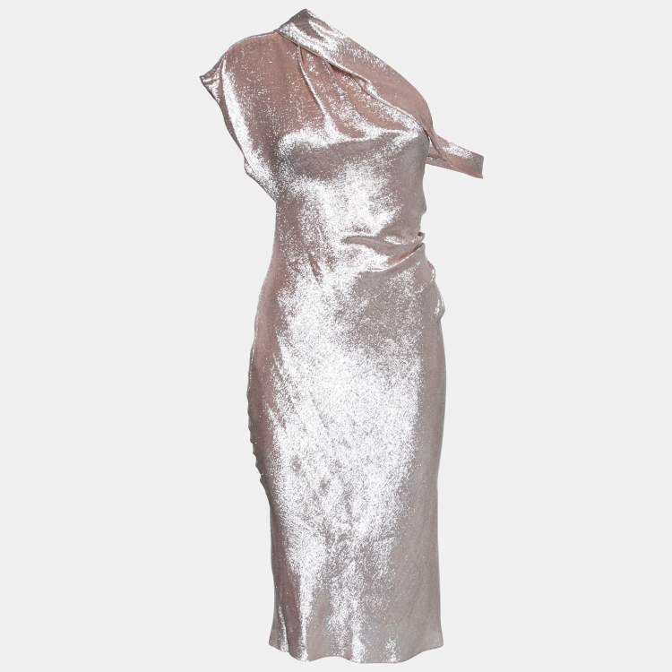 Pre Owned Celine Light Pink Lame One-Shoulder Draped Midi Dress S