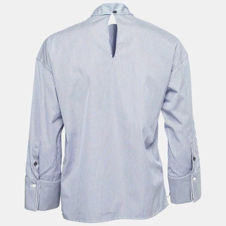 Pre Owned Celine Blue Striped Cotton Poplin Tie-Neck Blouse S