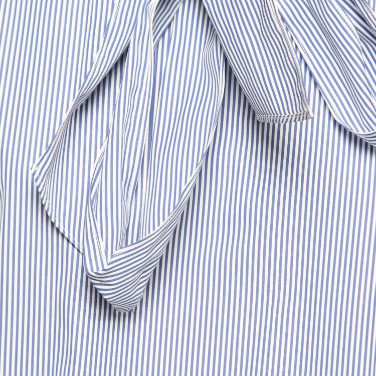 Pre Owned Celine Blue Striped Cotton Poplin Tie-Neck Blouse S