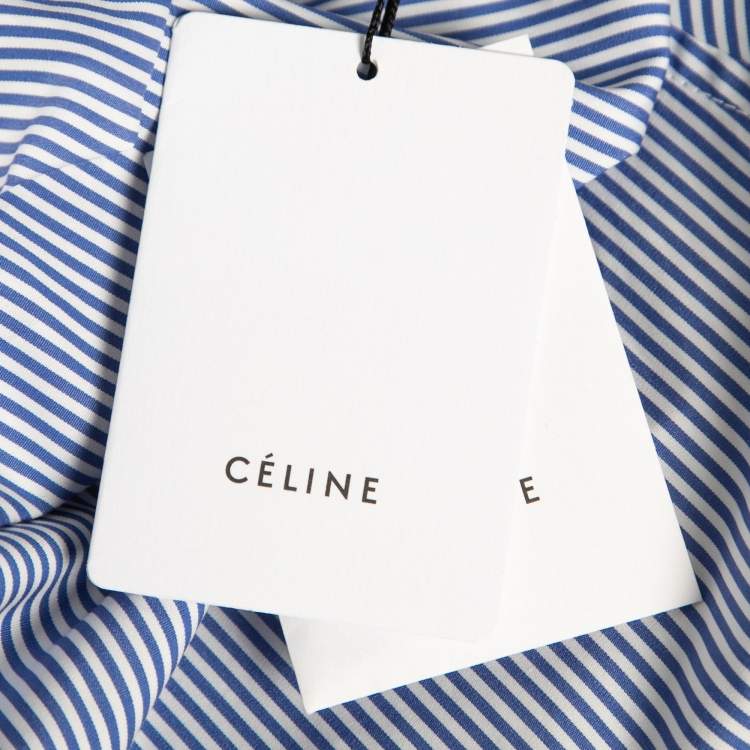 Pre Owned Celine Blue Striped Cotton Poplin Tie-Neck Blouse S