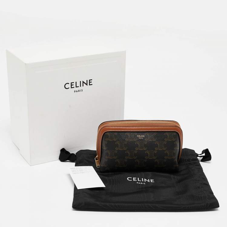 Pre Owned Celine Tan Triomphe Coated Canvas Mini Cosmetic Pouch