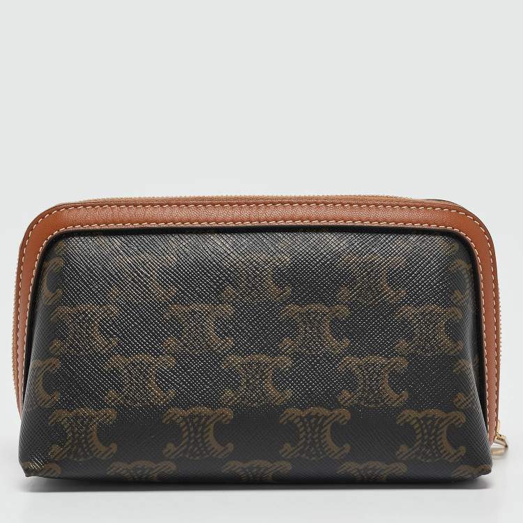 Pre Owned Celine Tan Triomphe Coated Canvas Mini Cosmetic Pouch