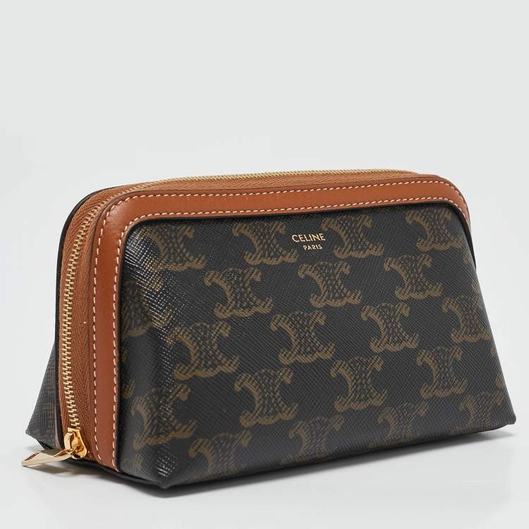 Pre Owned Celine Tan Triomphe Coated Canvas Mini Cosmetic Pouch