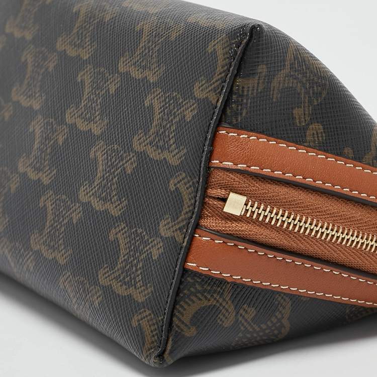 Pre Owned Celine Tan Triomphe Coated Canvas Mini Cosmetic Pouch