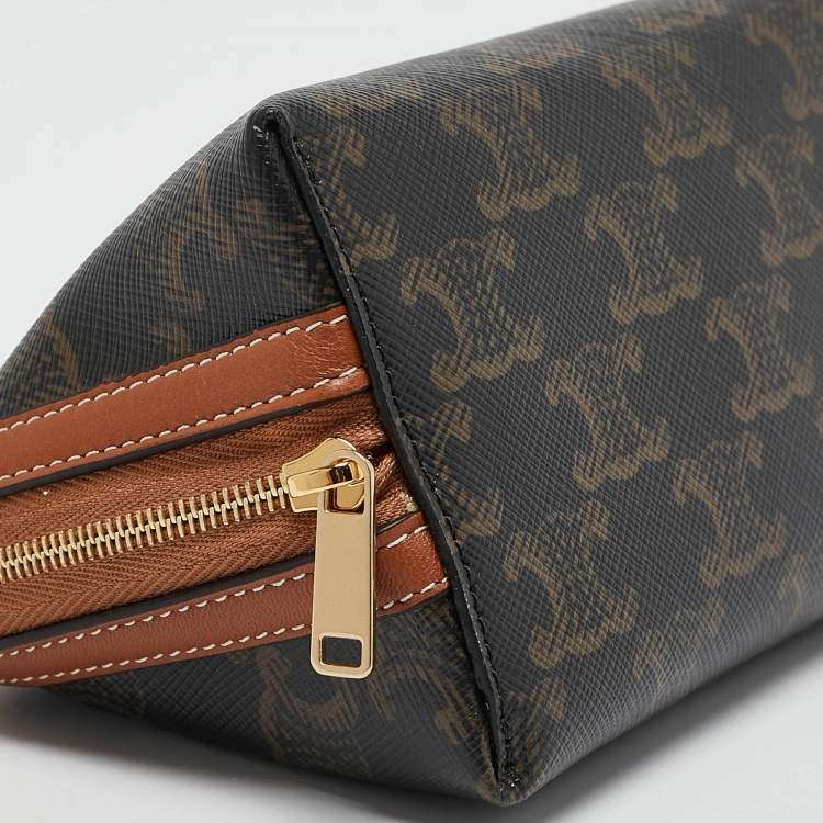 Pre Owned Celine Tan Triomphe Coated Canvas Mini Cosmetic Pouch