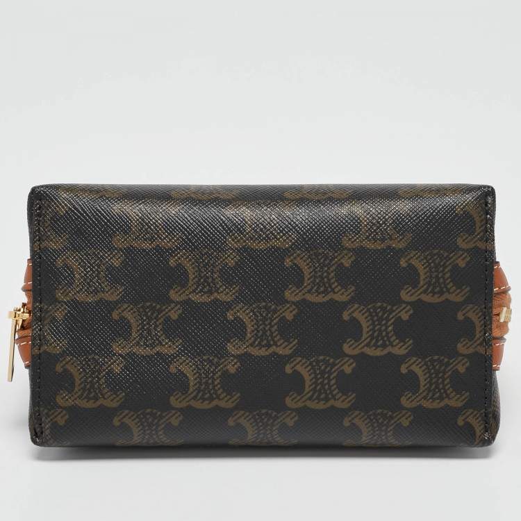 Pre Owned Celine Tan Triomphe Coated Canvas Mini Cosmetic Pouch