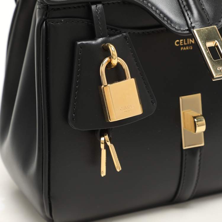 Pre Owned Celine Black Satinated Leather Mini 16 Top Handle Bag