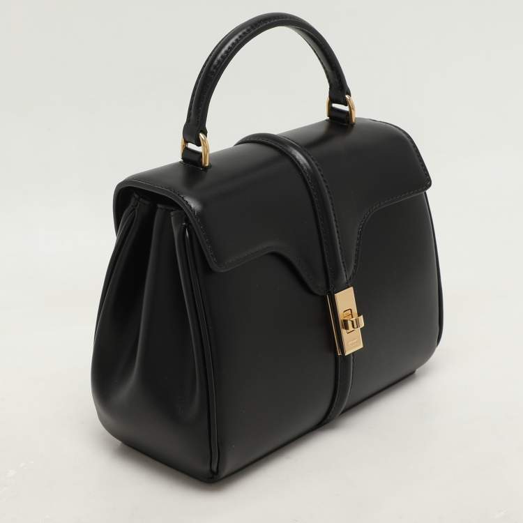 Pre Owned Celine Black Satinated Leather Mini 16 Top Handle Bag