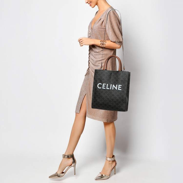 Pre Owned Celine Brown Triomphe Canvas and Leather Small Vertical Cabas Tote 