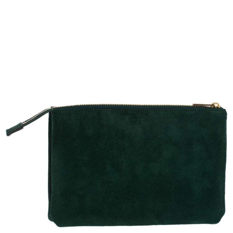 Pre Owned Celine Green Suede Trio Zip Clutch